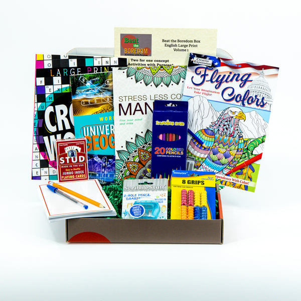 Beat the Boredom Box - Activities with Purpose - Senior Large Print Gift Basket Crossword Word Find & Coloring Books + Playing Cards & Note Cards